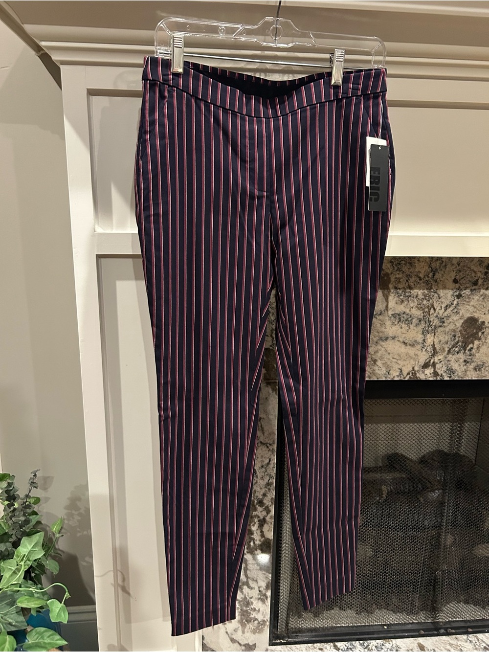 Women's Navy Ankle Pants with Cranberry Pinstripes